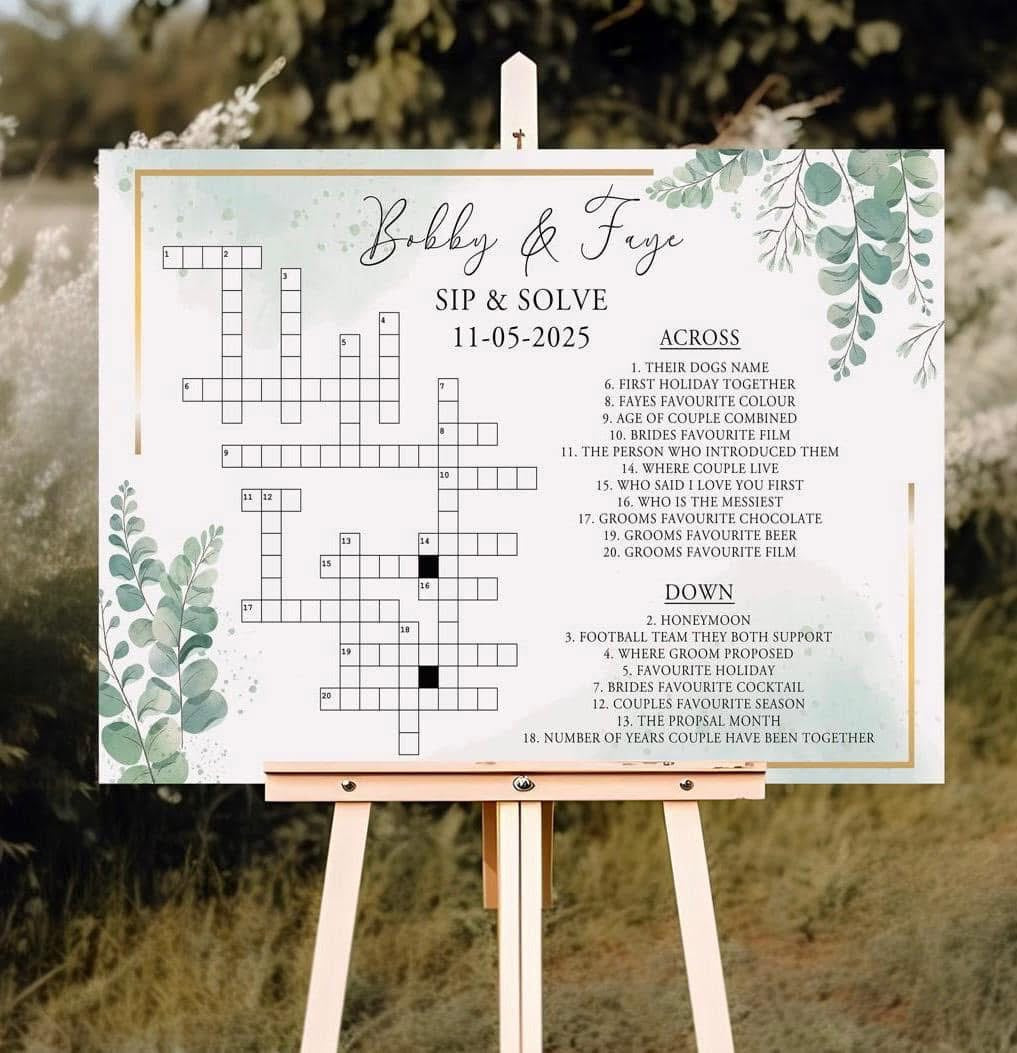 Wedding Crossword Sip & Solve Board