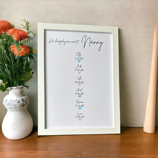 A4 Nanny Hearts Print & Frame (Up to 12 Names)